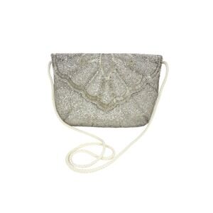 Vintage Art Deco-style Magid Silver Beaded Clutch Evening Bag with Rope Strap